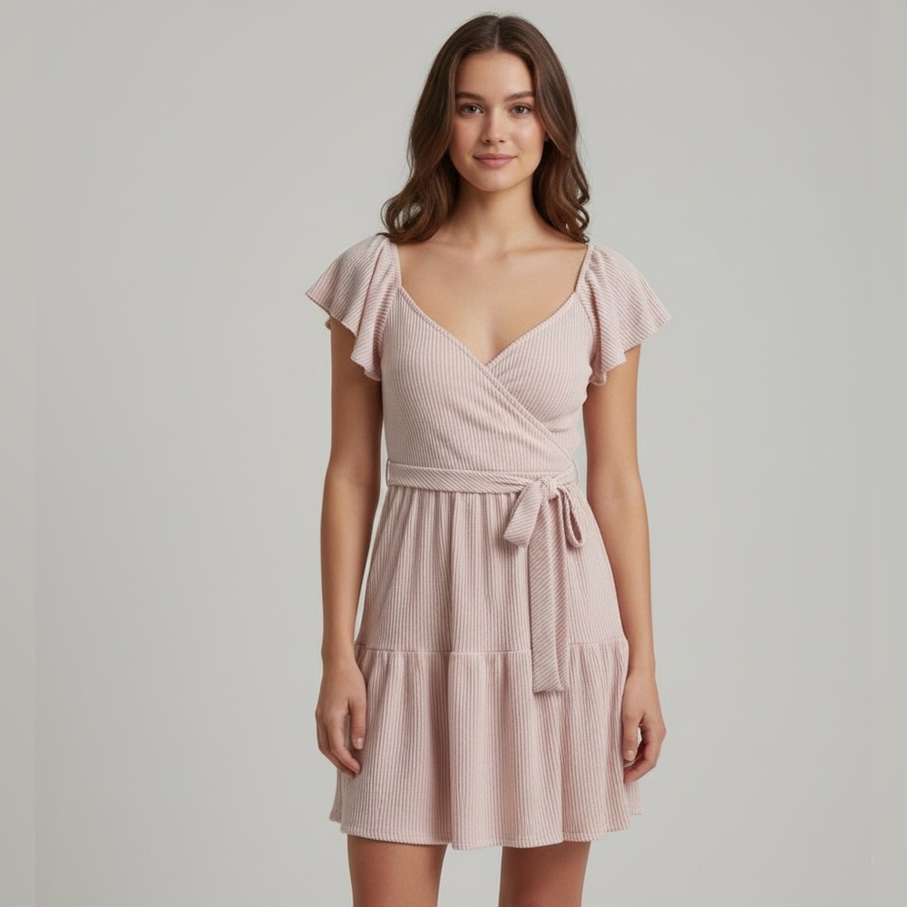 Caution To The Wind Ribbed Flutter Sleeve Tie-Waist Tiered Dress Pink Size M